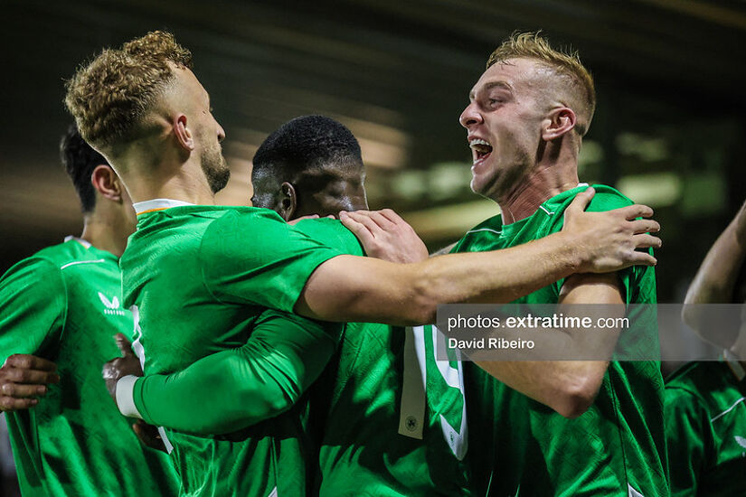 Ireland players celebrate their team’s goal during the UEFA Under 21 Championship Qualifier, Republic of Ireland versus Norway