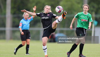 Ellen Molloy of Wexford Youths stretches for the ball ahead of Peamount United's Karen Duggan during their 2-2 league draw at PRL Park on June 5th, 2021.
