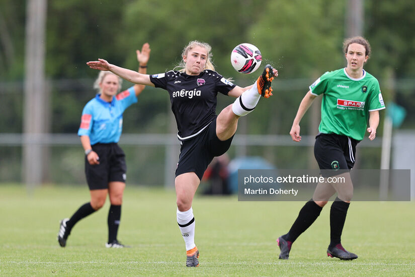 Ellen Molloy of Wexford Youths stretches for the ball ahead of Peamount United's Karen Duggan during their 2-2 league draw at PRL Park on June 5th, 2021.