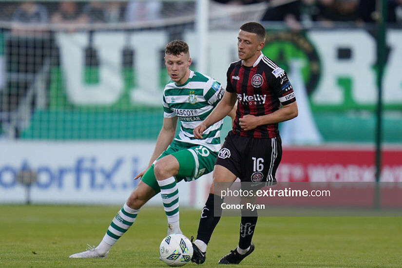 Markus Poom shadows Bohs skipper Keith Buckley in Tallaght last May. The Hoops travel to Dalymount Park next Friday