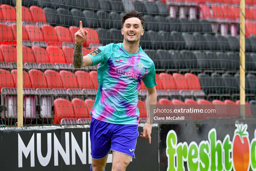 Patrick Ferry of Finn Harps celebrates after scoring in the 5th minute of play.