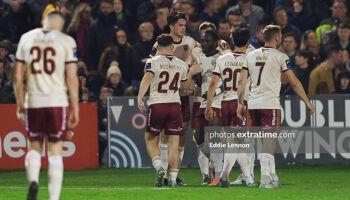 Galway United players celebrate David Hurley's equaliser at Dalymount Park