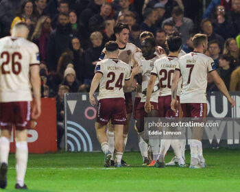 Galway United players celebrate David Hurley's equaliser at Dalymount Park