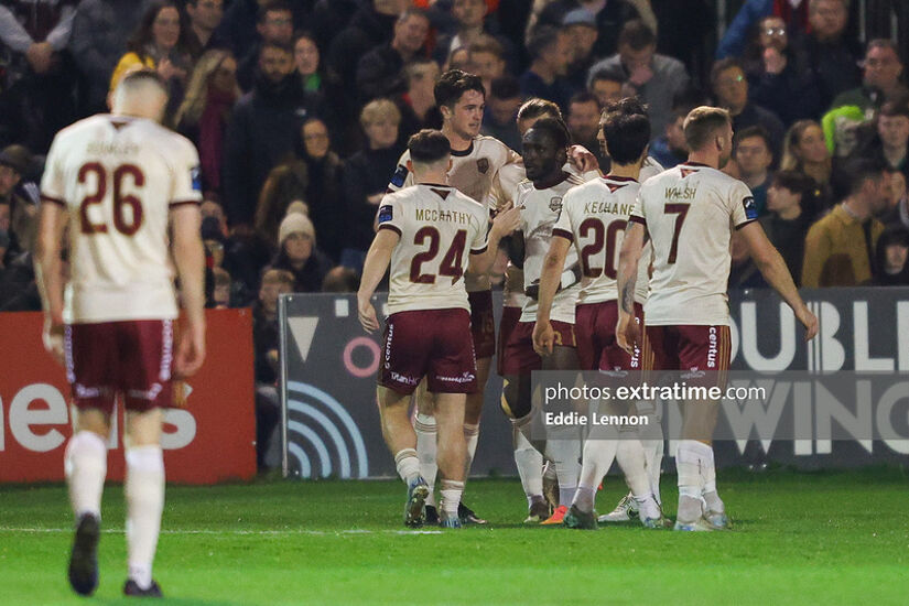 Galway United players celebrate David Hurley's equaliser at Dalymount Park