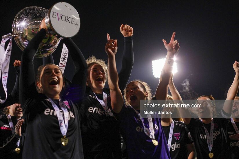 Wexford Youths celebrate winning the 2021 FAI Women's Cup Final at Tallaght Stadium