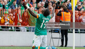 Michael Obafemi of Ireland celebrates scoring his side third goal against Scotland last June