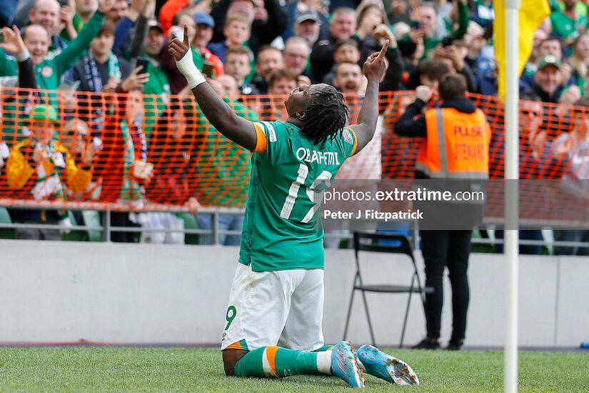 Michael Obafemi of Ireland celebrates scoring his side third goal against Scotland last June