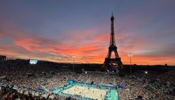 Beach Volleyball under the Eiffel Tower at sunset at Paris 2024