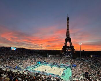 Beach Volleyball under the Eiffel Tower at sunset at Paris 2024