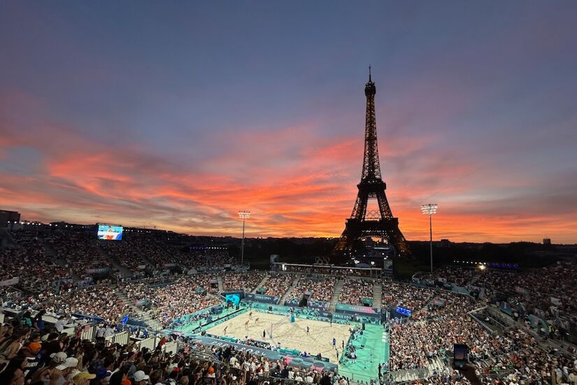 Beach Volleyball under the Eiffel Tower at sunset at Paris 2024