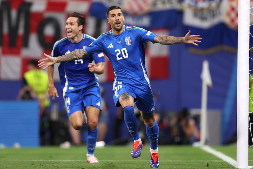 Mattia Zaccagni of Italy celebrates scoring his team's first goal to equalise during the UEFA EURO 2024 group stage match between Croatia and Italy at Football Stadium Leipzig