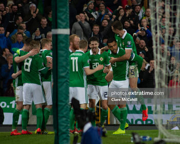 Josh Magennis (second from right) celebrates after scoring a late winner for Northern Ireland against Belarus in Euro 2020 qualifying on March 24th, 2019.