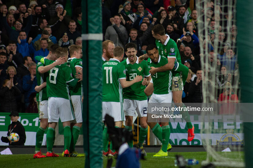 Josh Magennis (second from right) celebrates after scoring a late winner for Northern Ireland against Belarus in Euro 2020 qualifying on March 24th, 2019.