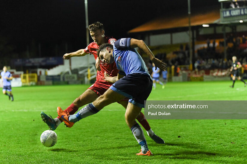 Shels v UCD SSE Airtricity League Premier Division 24 Oct 22 Shels Joshua Giurgi & UCD's Evan Osam