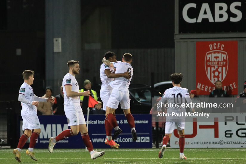 Drogheda United players celebrating their winner in Derry