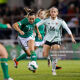 Katie McCabe of Ireland in action against Charlie Estcourt of Cymru in the friendly between the sides in Tallaght February 2024