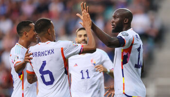 Romelu Lukaku of Belgium celebrates with teammates Youri Tielemans and Aster Vranckx after Belgium’s first goal during the UEFA EURO 2024 qualifying round group E match between Estonia and Belgium