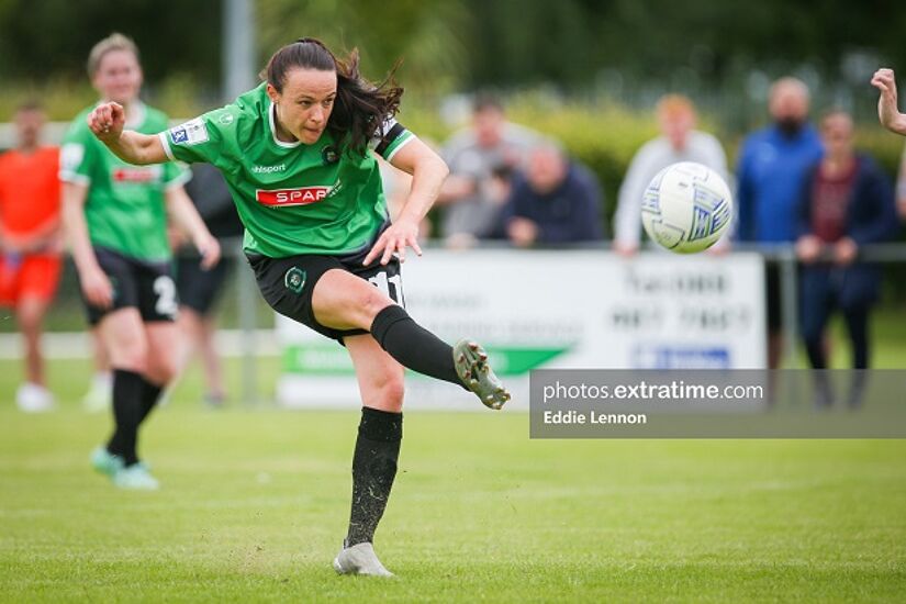 Aine O'Gorman fires off a shot during Peamount United's FAI Women's Cup first round clash with Finglas United on Saturday, 9 July 2022.