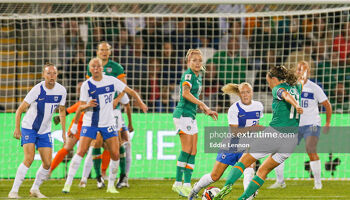 Denise O'Sullivan watches on as Katie McCabe shoots at the Finland goal