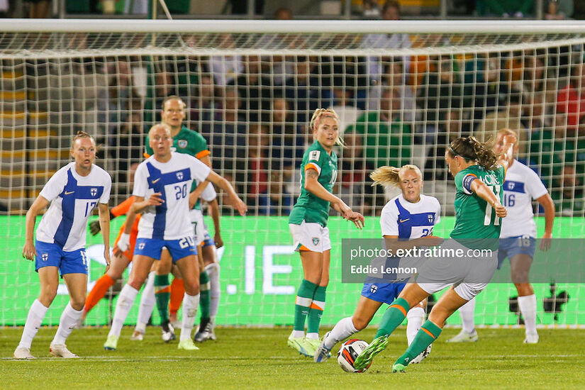 Denise O'Sullivan watches on as Katie McCabe shoots at the Finland goal