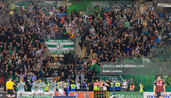 Shamrock Rovers fans celebrate a goal during their 3-0 win over Dublin rivals Bohemians at Tallaght Stadium