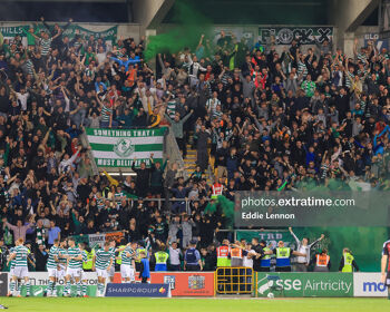 Shamrock Rovers fans celebrate a goal during their 3-0 win over Dublin rivals Bohemians at Tallaght Stadium