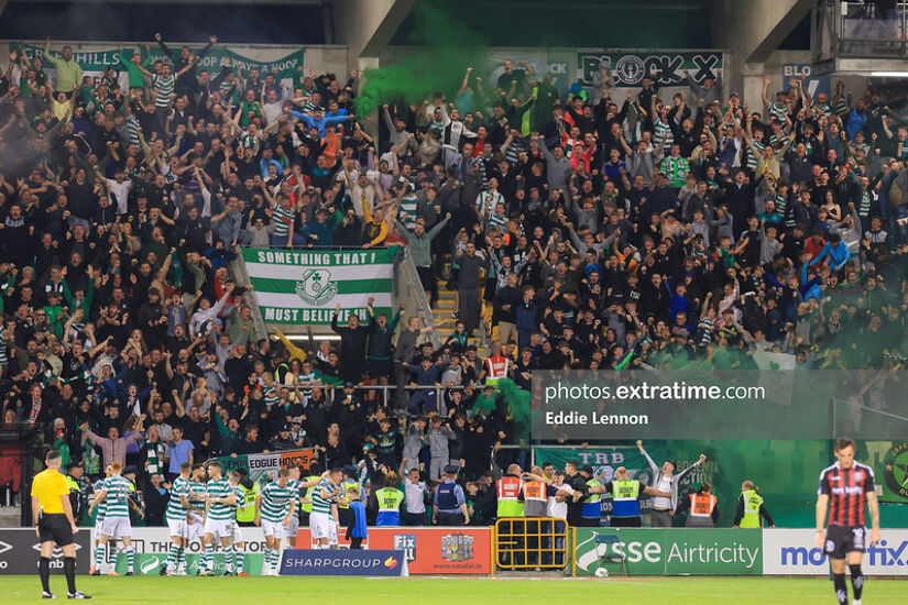 Shamrock Rovers fans celebrate a goal during their 3-0 win over Dublin rivals Bohemians at Tallaght Stadium