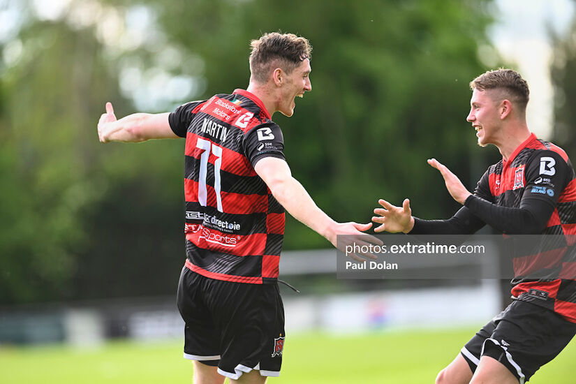 John Martin celebrates his goal with Hayden Muller