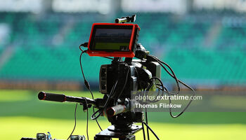 TV equipment is seen before the SSE Airtricity Men's Premier Division match between Shamrock Rovers FC and Galway United FC at Tallaght Stadium, Dublin on April 26, 2024