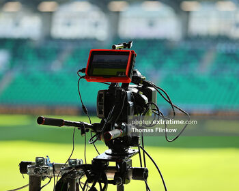 TV equipment is seen before the SSE Airtricity Men's Premier Division match between Shamrock Rovers FC and Galway United FC at Tallaght Stadium, Dublin on April 26, 2024