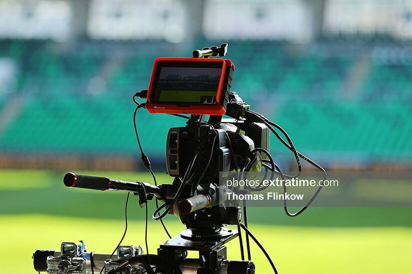 TV equipment is seen before the SSE Airtricity Men's Premier Division match between Shamrock Rovers FC and Galway United FC at Tallaght Stadium, Dublin on April 26, 2024