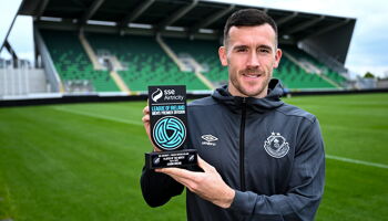 Aaron Greene of Shamrock Rovers poses with his SSE Airtricity / SWI Player of the Month Award for April 2024 at Tallaght Stadium in Dublin