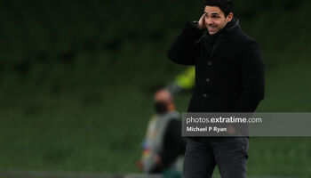 Arsenal boss Mikel Arteta grimaces amid the Gunners' 4-2 Europa League win over Dundalk at the Aviva Stadium in 2020.