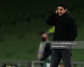 Arsenal boss Mikel Arteta grimaces amid the Gunners' 4-2 Europa League win over Dundalk at the Aviva Stadium in 2020.