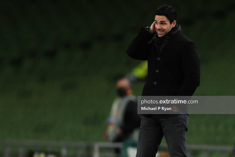 Arsenal boss Mikel Arteta grimaces amid the Gunners' 4-2 Europa League win over Dundalk at the Aviva Stadium in 2020.