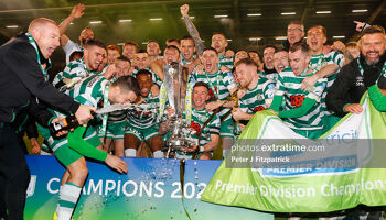 Shamrock Rovers celebrating after lifting the trophy after their 1-0 win over Derry City in November