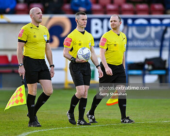 Referee David Connolly and his assistants enter the pitch before the Longford Town v Athlone Town, SSE Airtricity League of Ireland, First Division match at Athlone Town Stadium, Athlone.