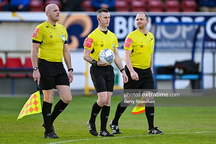 Referee David Connolly and his assistants enter the pitch before the Longford Town v Athlone Town, SSE Airtricity League of Ireland, First Division match at Athlone Town Stadium, Athlone.