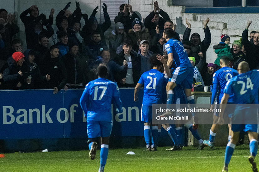 Finn Harps celebrates Ryan Connolly's equaliser during their 1-1 draw with Bohemians on Friday, 4 March 2022.