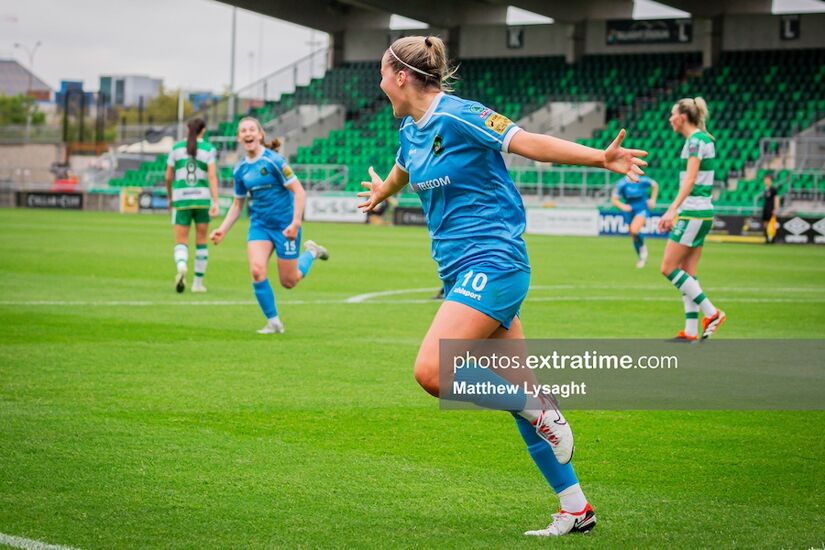 Peamount United's Erin McLaughlin celebrates scoring against Shamrock Rovers in the Peas' 2-0 win over the Hoops in Tallaght Stadium on Saturday 4th May 2024