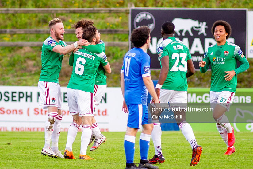 Dylan McGlade of Cork City celebrates after scoring in the SSE Airtricity Premier Division match against Finn Harps at Finn Park, Ballybofey, County Donegal, Ireland on 27th September 2020