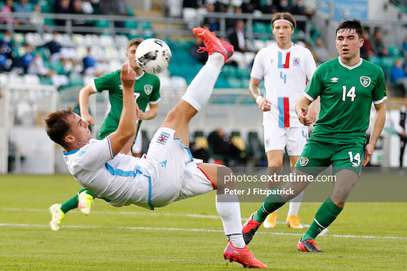 Irvin Latic of Luxembourg with an attempted bicycle kick