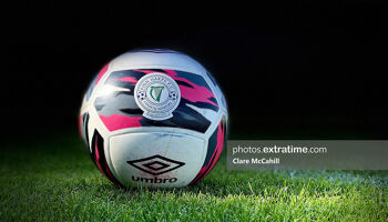 View of the Finn Harps Official Umbro Match Ball (2021 Season) captured on the pitch at Finn Park.