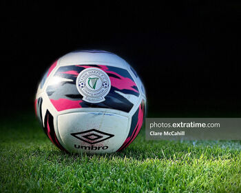 View of the Finn Harps Official Umbro Match Ball (2021 Season) captured on the pitch at Finn Park.