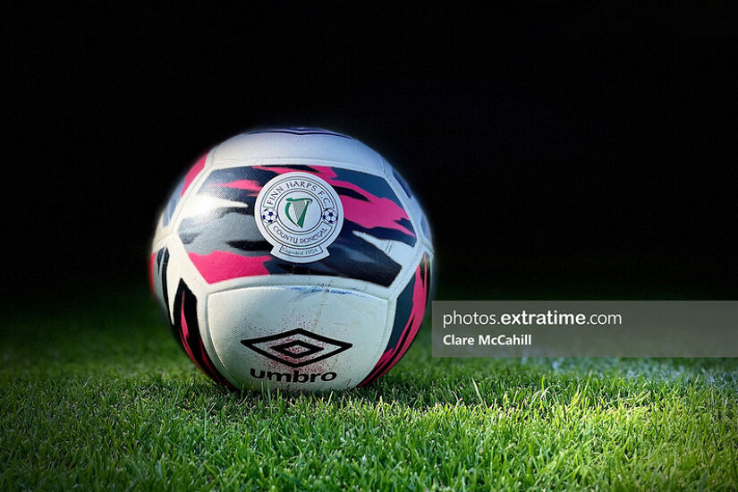 View of the Finn Harps Official Umbro Match Ball (2021 Season) captured on the pitch at Finn Park.