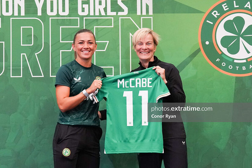 Vera Pauw Republic of Ireland Women’s National Team Manager presents Katie McCabe with her jersey