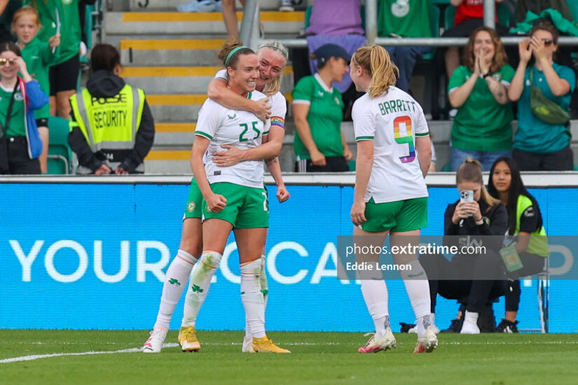 Claire O'Riordan celebrating her goal against Zambia with Ireland captain Louise Quinn and Amber Barrett