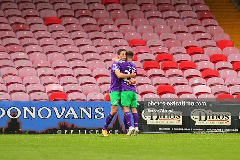 Neil Farrugia and Jack Byrne celebrating a goal against Cork City in Rovers' 3-0 win in September 2020 when the sides last met