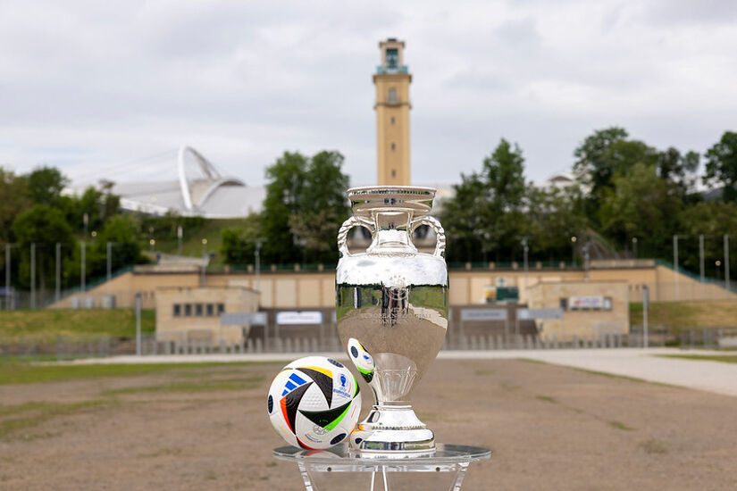 The UEFA EURO 2024 Trophy is displayed outside the Leipzig Stadium