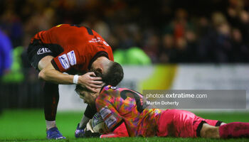 Rory Feely congratulates Tadhg Ryan after the goalkeeper saved a penalty during Bohemians meeting with Finn Harps on Friday, 21 October 2022.